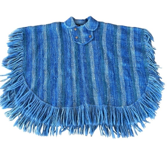 Handmade 100% Wool Fringe Poncho Artesania King Uruguay Blue Stripe Woven Medium - Picture 1 of 13